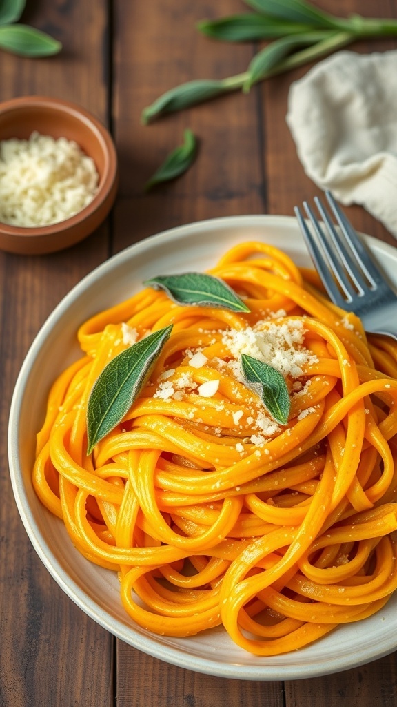 Creamy pumpkin and sage pasta topped with Parmesan cheese and sage leaves on a rustic wooden table.